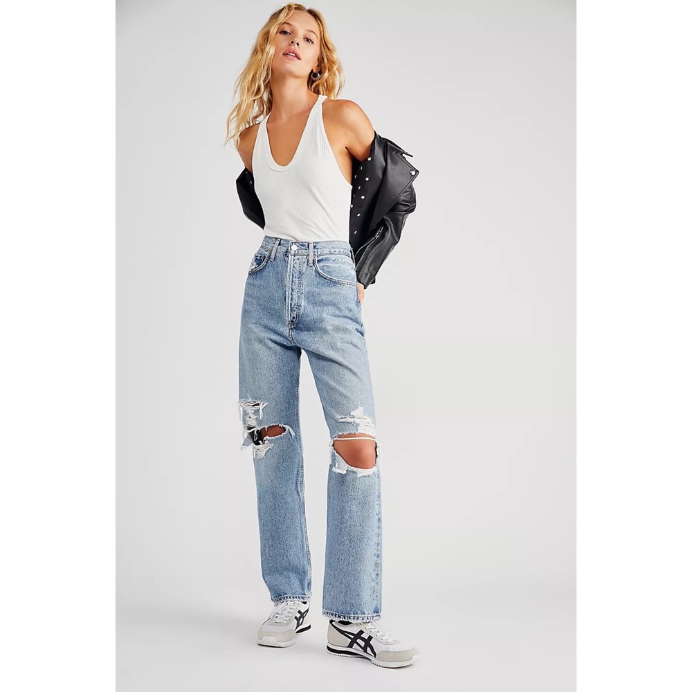 AGOLDE 90's Distressed Pinch-Waist Straight Leg Jeans Free People Busted Knee
